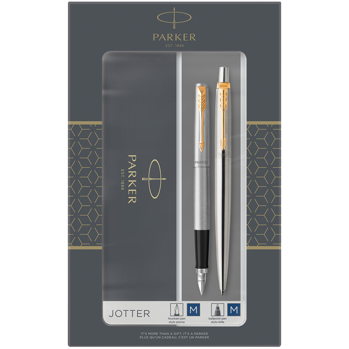 Parker Jotter Stainless Steel Gold Trim Ballpoint & Fountain Pen Set