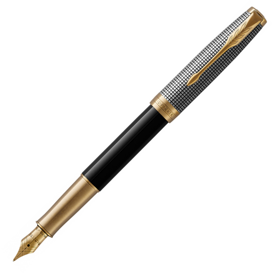 Parker Sonnet Fountain Pen - Chiselled Silver Black Lacquer Gold Trim with Solid 18K Gold Nib