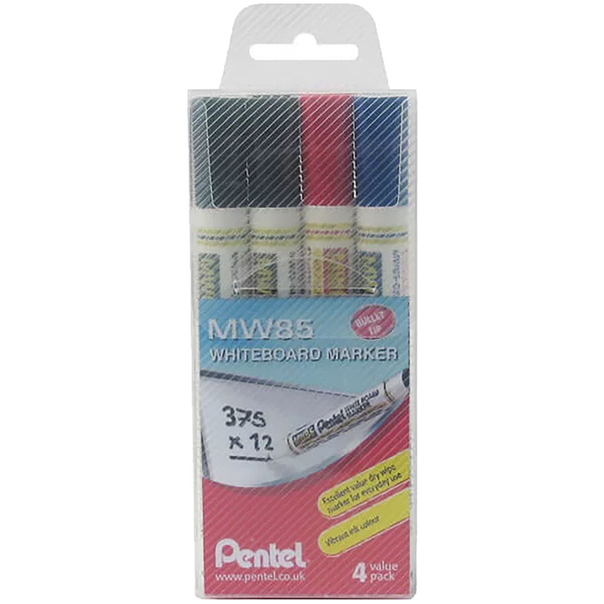 Pentel MW85 Whiteboard Markers - Bullet Tip - Assorted Colours (Wallet of 4)