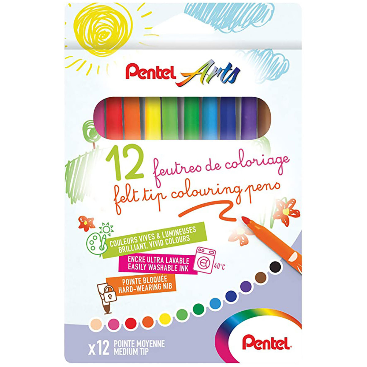 Pentel Arts Colouring Fibre Tip Pens - Medium (Pack of 12)