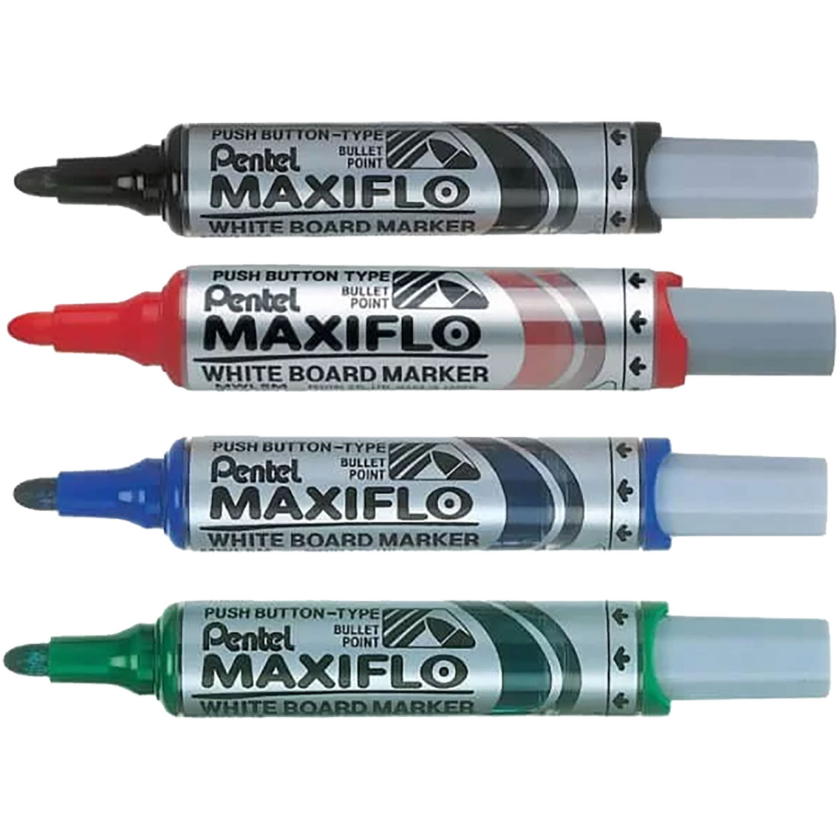 Pentel Maxiflo Slim Whiteboard Markers - Bullet Tip - Assorted Colours  (Pack of 4), YMWL5M-4