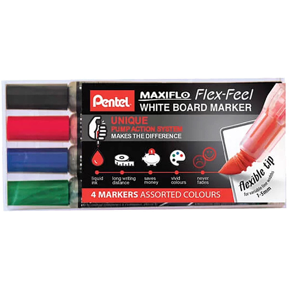 Pentel Maxiflo Flex-Feel Whiteboard Markers - Assorted Colours (Pack of 4)