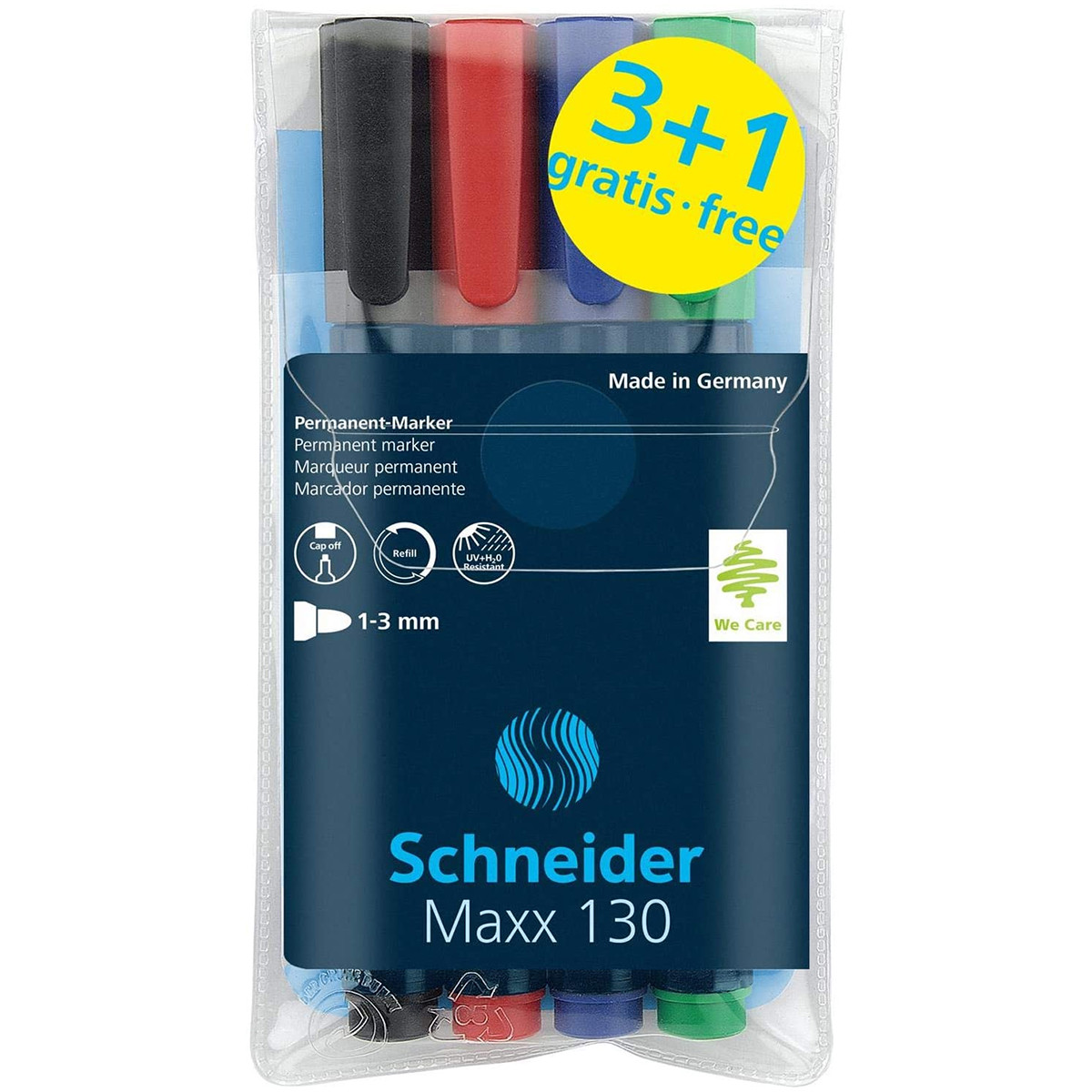 Schneider Maxx 130 Permanent Markers - Bullet Tip - Assorted Colours (Pack of 4)