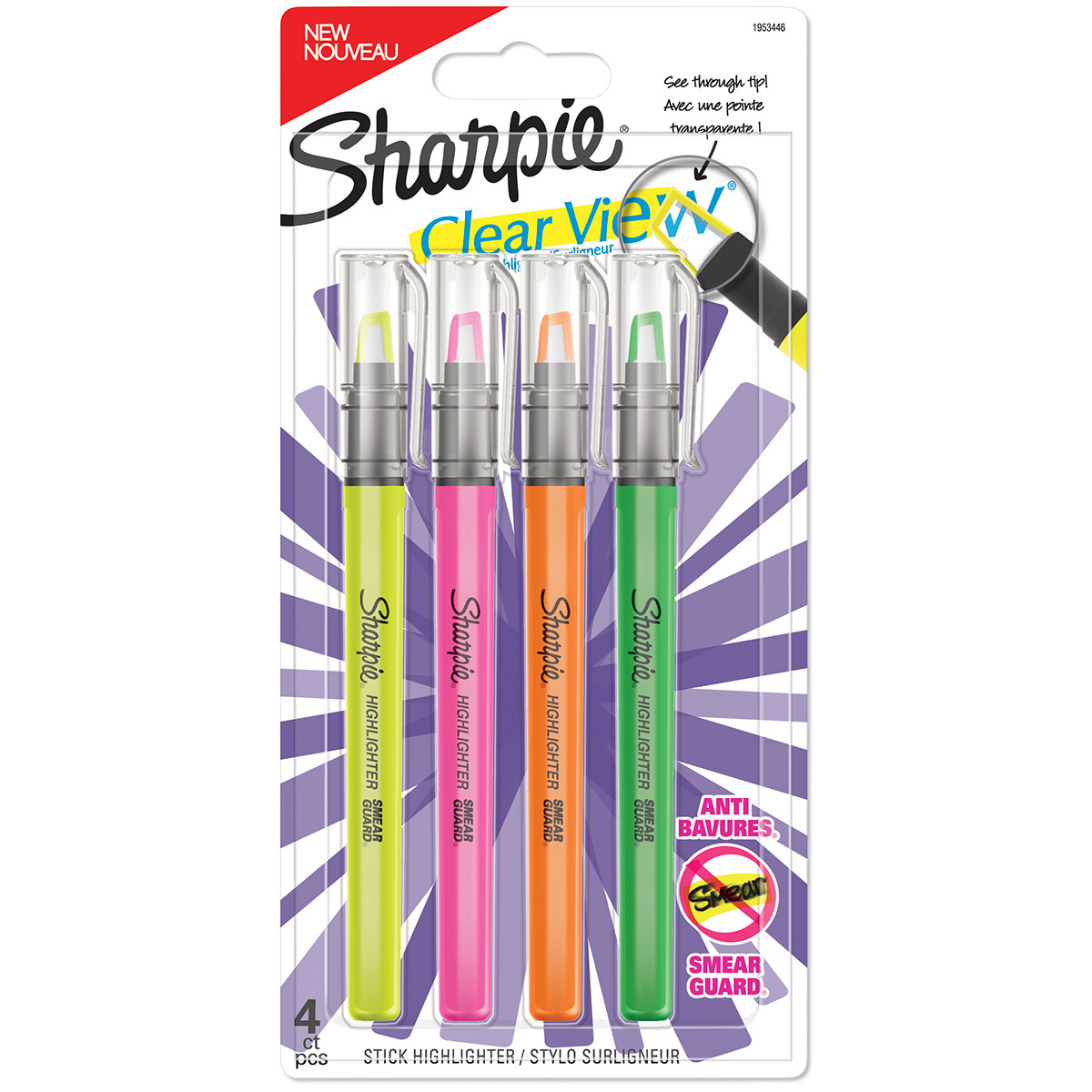 Sharpie ClearView Stick Highlighters - Assorted Colours (Blister of 4)