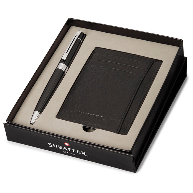 Sheaffer 300 Ballpoint Pen Gift Set - Gloss Black Chrome Trim with Credit Card Holder