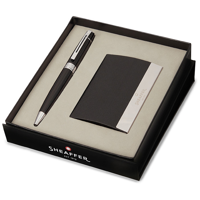Sheaffer 300 Ballpoint Pen Gift Set - Gloss Black Chrome Trim with Business Card Holder