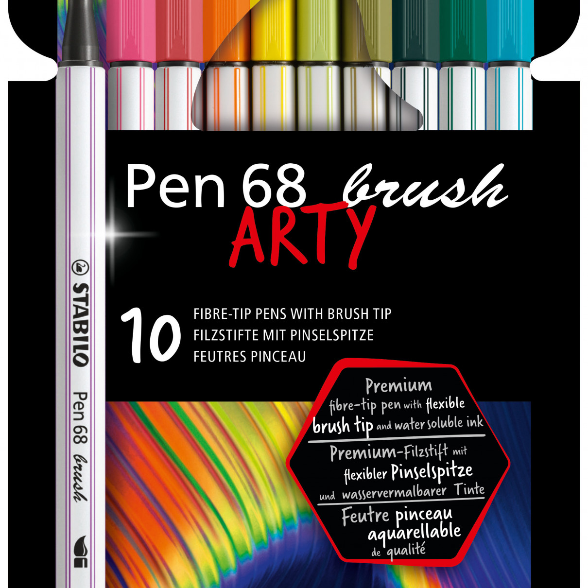 STABILO Pen 68 Fibre Tip Brush Pen  - ARTY - Wallet of 10 - Assorted Colours