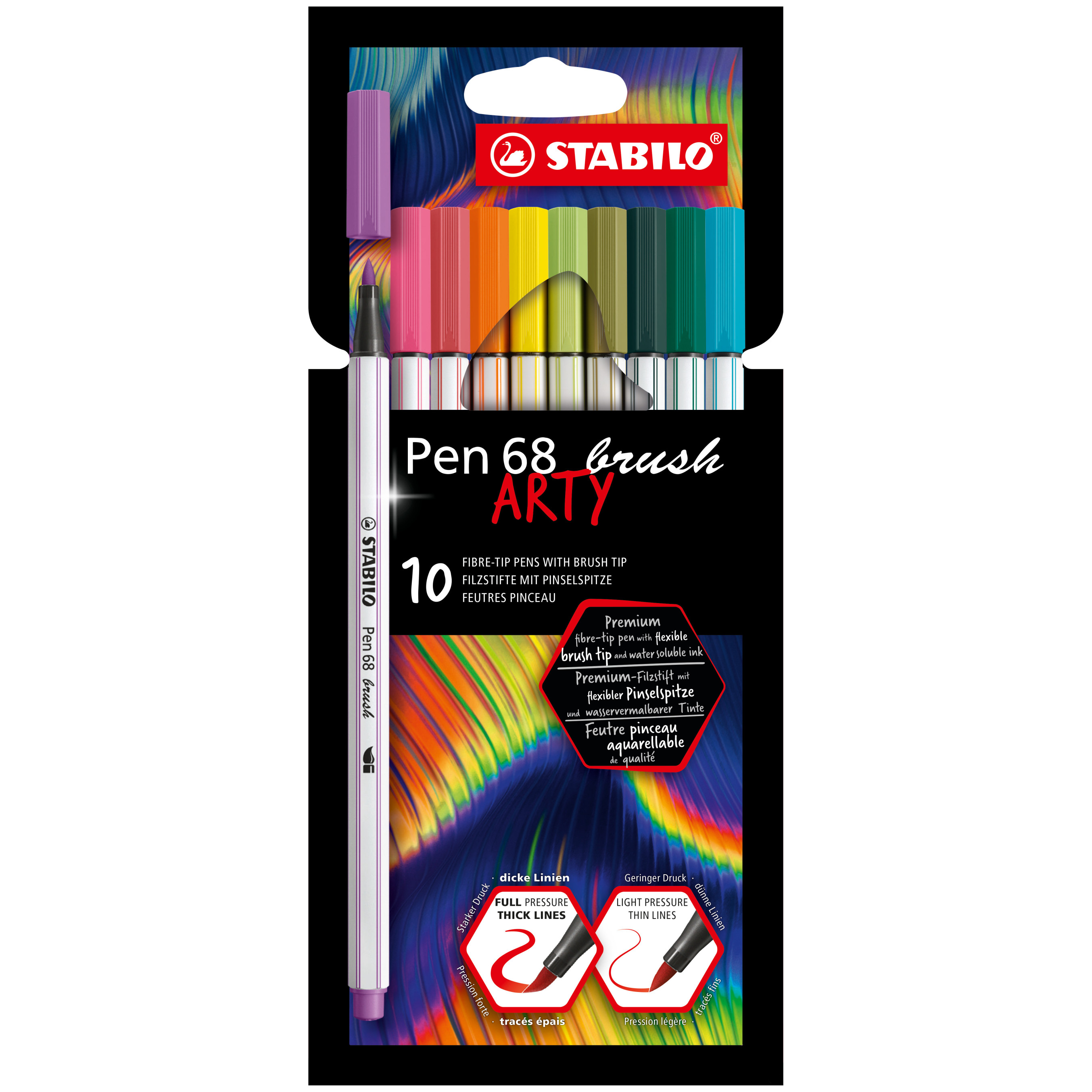 STABILO Pen 68 Fibre Tip Brush Pen - ARTY - Wallet of 10