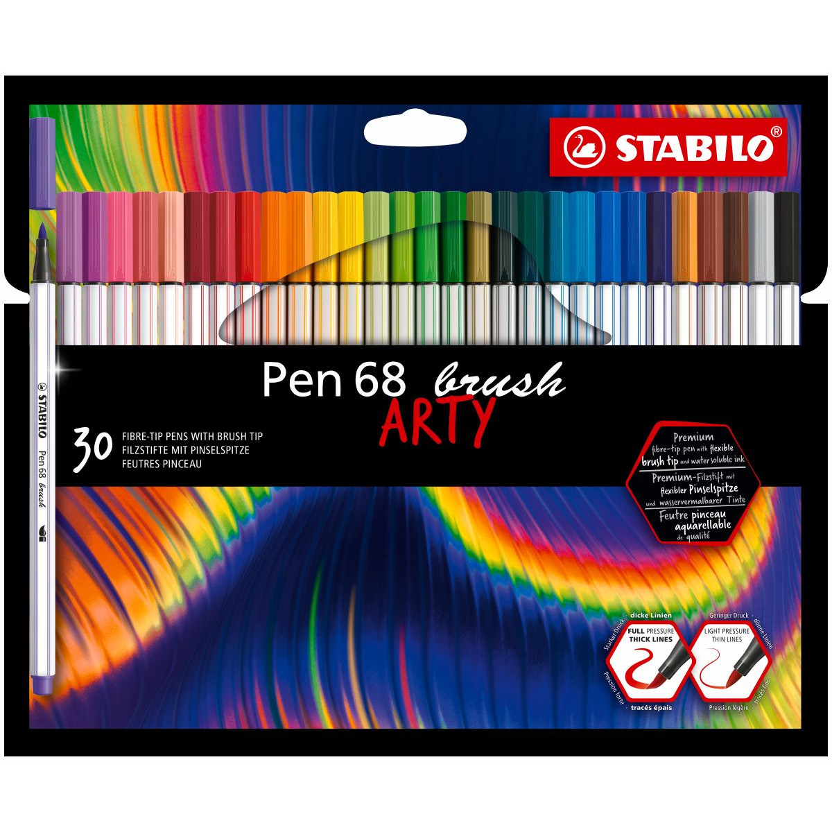 STABILO Pen 68 Fibre Tip Brush Pen  - ARTY - Wallet of 30 - Assorted Colours