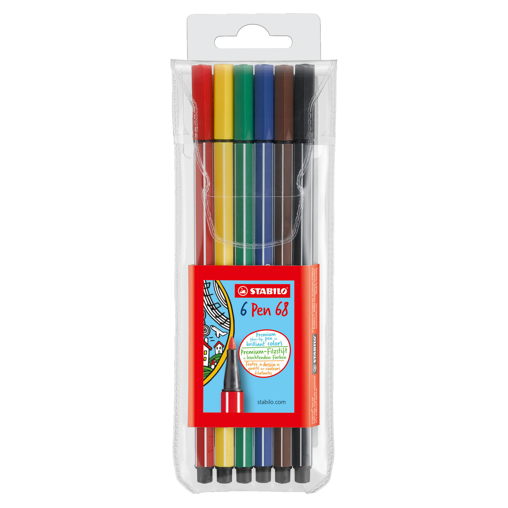 STABILO Pen 68 Fibre Tip Pen - Wallet of 6 - Assorted Colours, 6806/PL