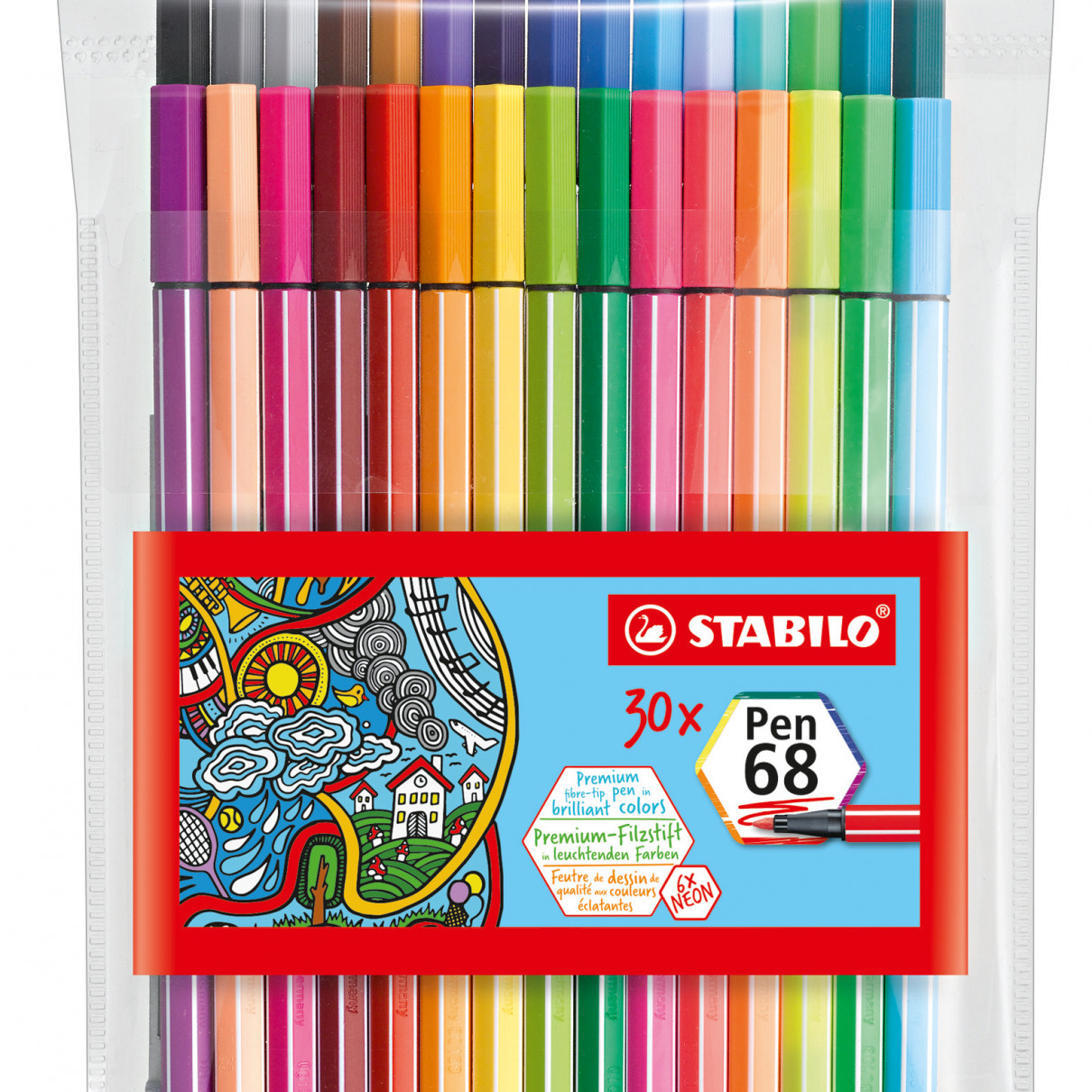 STABILO Pen 68 Fibre Tip Pen  - Wallet of 30 - Assorted Colours including 6 Neon
