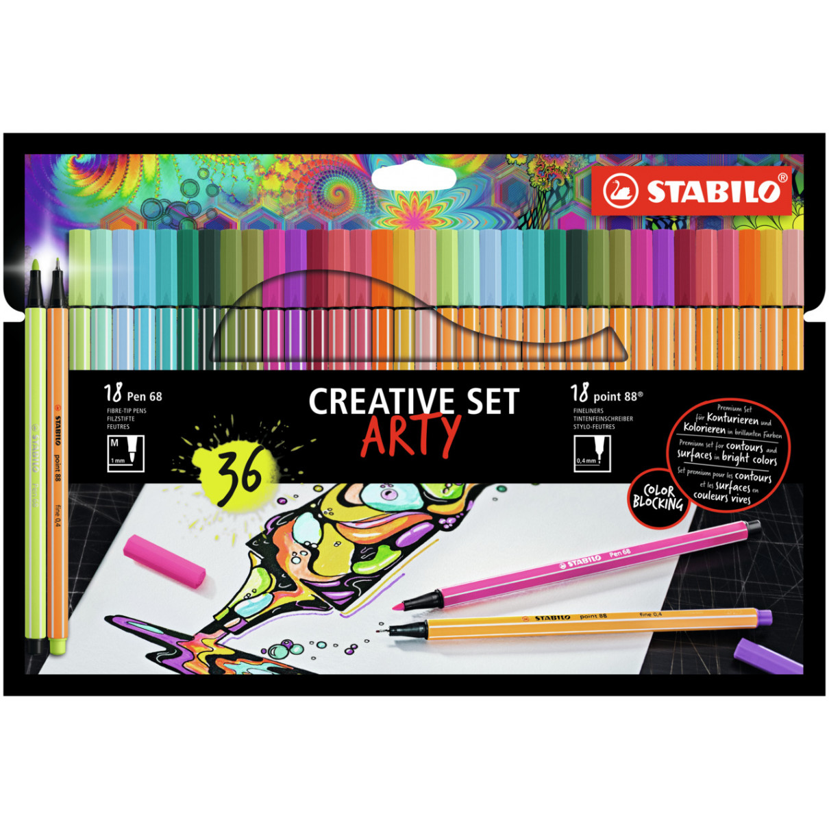 STABILO Pen 68 Fibre Tip Pen  & point 88 ARTY Fineliner  - Wallet of 36