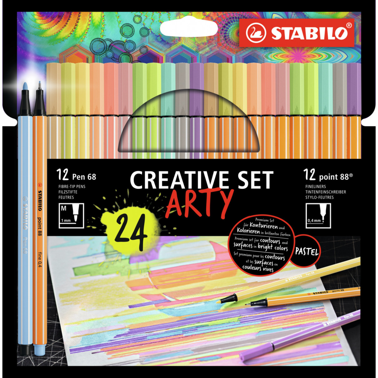 STABILO Pen 68 Fibre Tip Pen  & point 88 ARTY Fineliner  - Wallet of 24