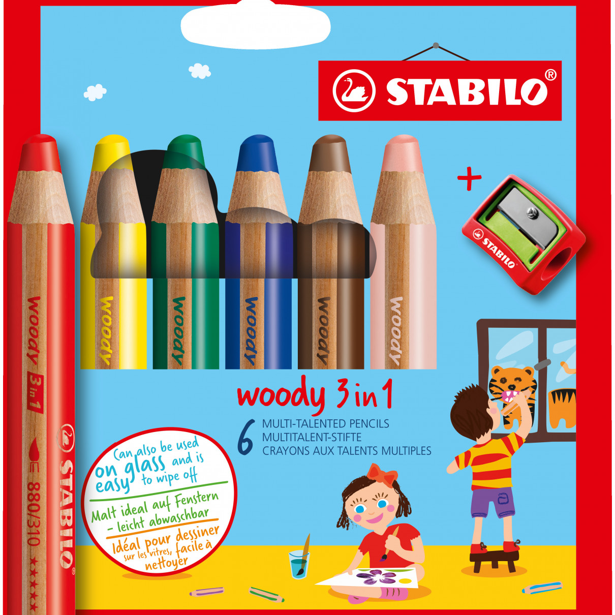 STABILO woody 3-in-1 Multi-Talented Pencil - Wallet of 6 - Assorted Colours