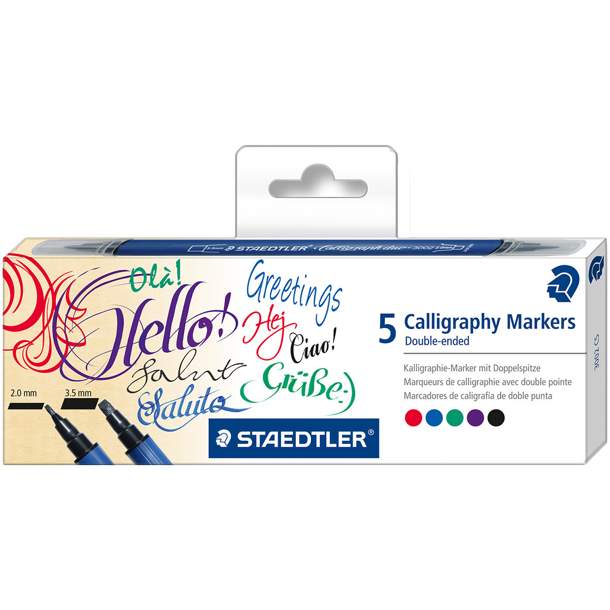 Staedtler Calligraphy Markers - Double Ended - Assorted Colours (Pack of 5), 3002 C5