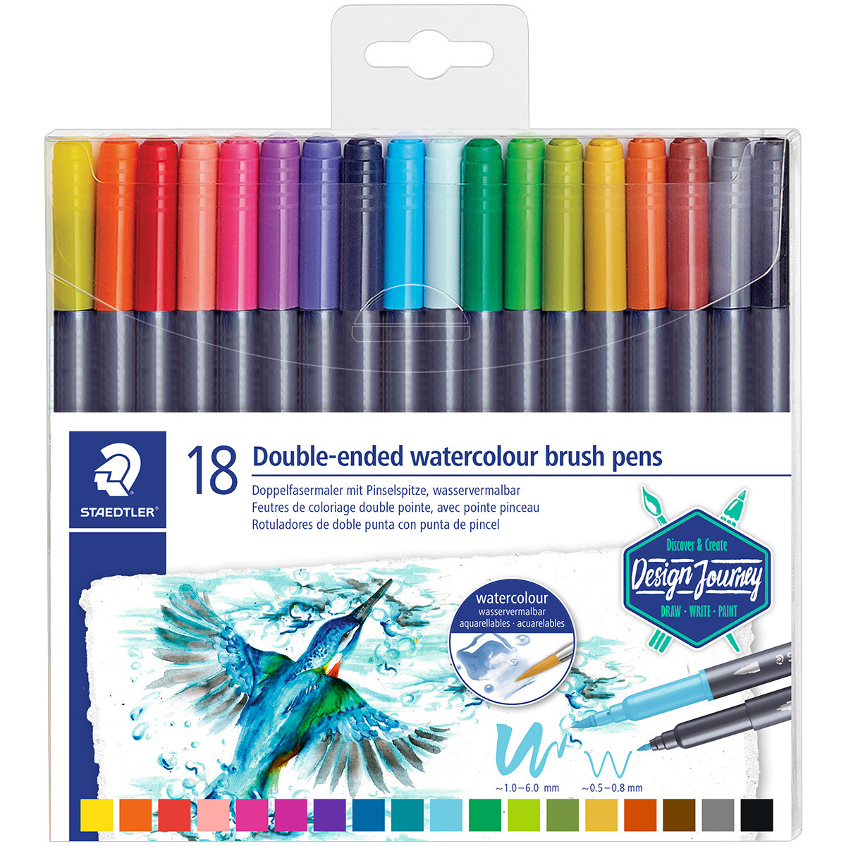 Staedtler Double Ended Watercolour Brush Pen - Assorted Colours (Pack of 18)