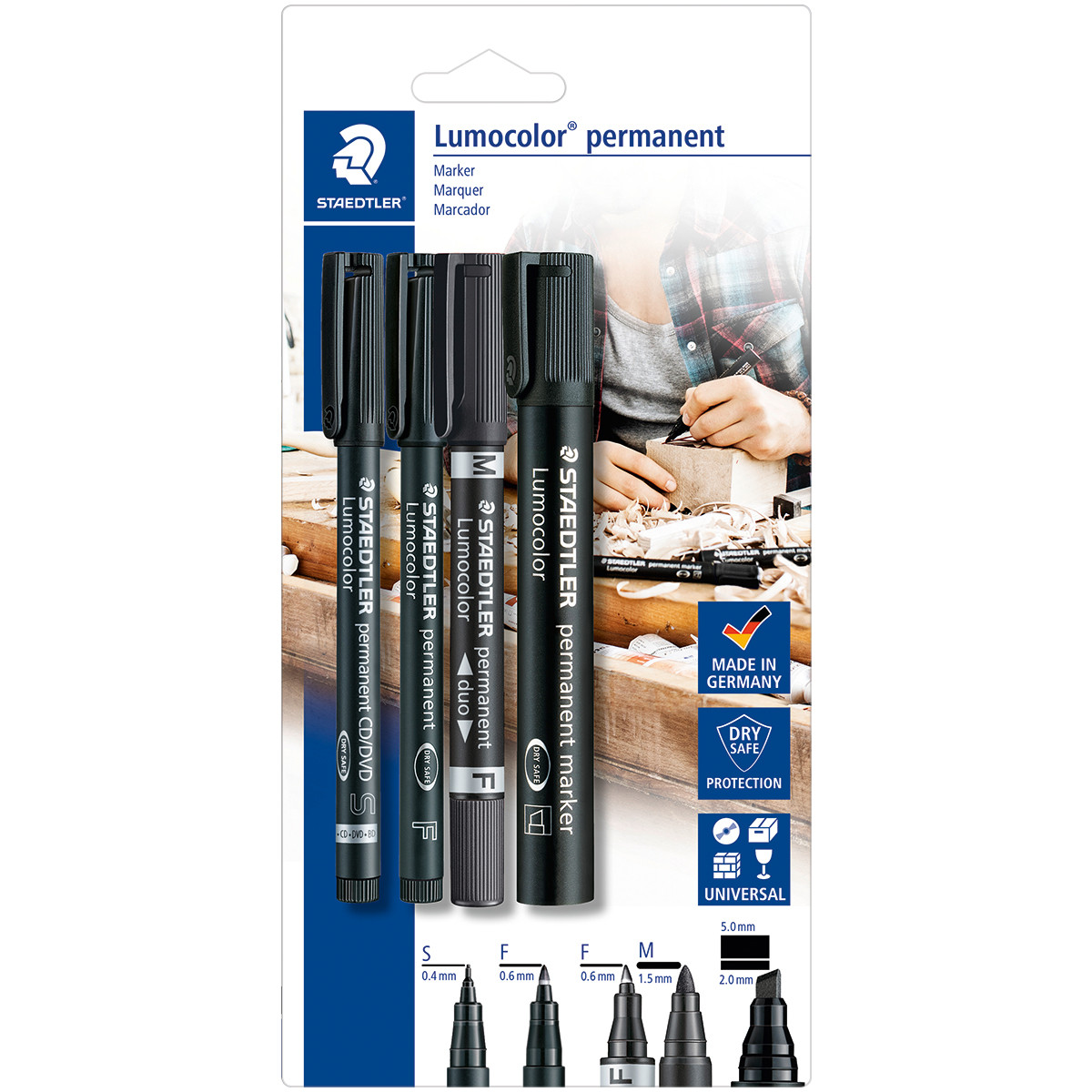 Staedtler Lumocolor Permanent Marker Set  - Assorted Tip Sizes (Blister Pack of 4)
