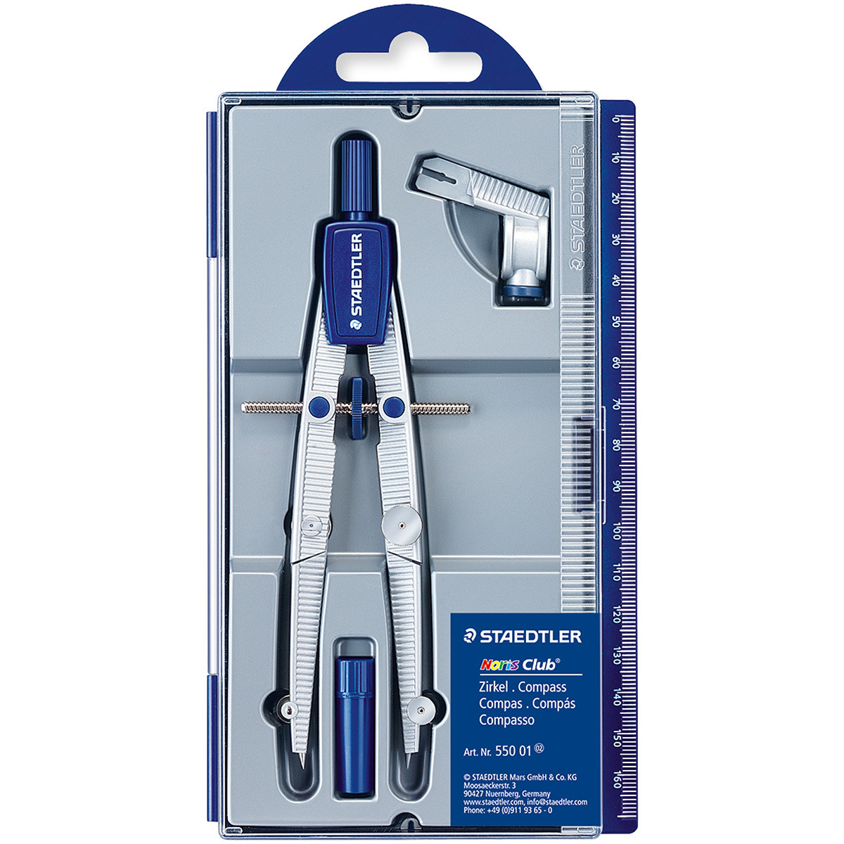 Staedtler Noris Club 550 01 School Compass with Center Wheel Set with  Universal Adapter and Lead Box, Silver Blue