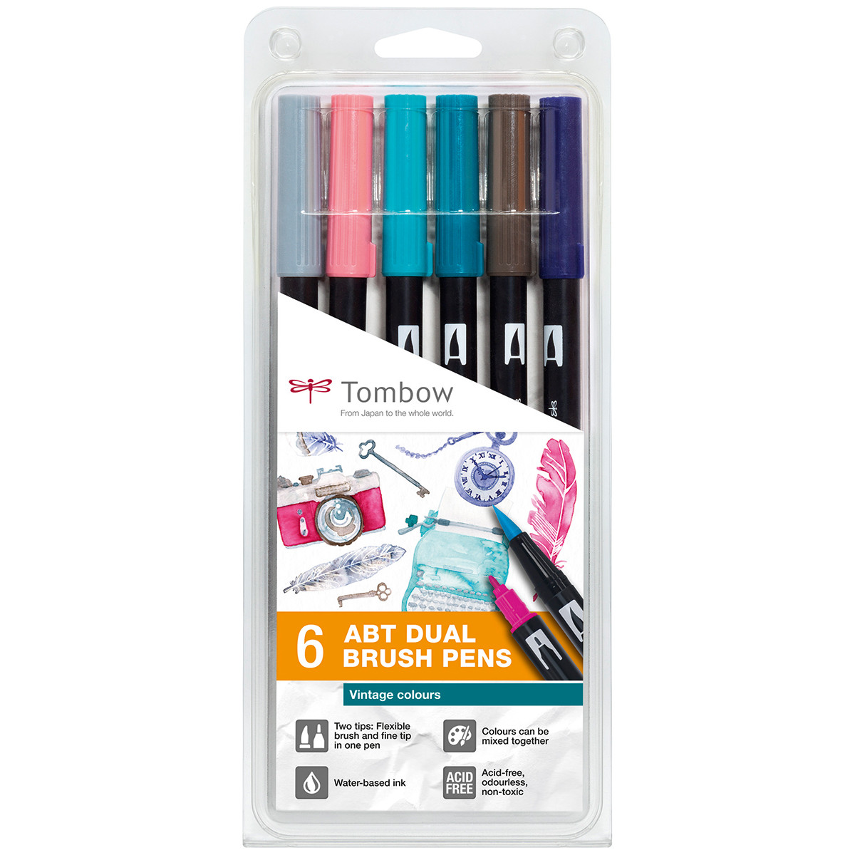 Tombow : Art Dual Brush Pens : Vintage Colors : Set of 6 - Marker & Pen  Sets - Art Sets - Color