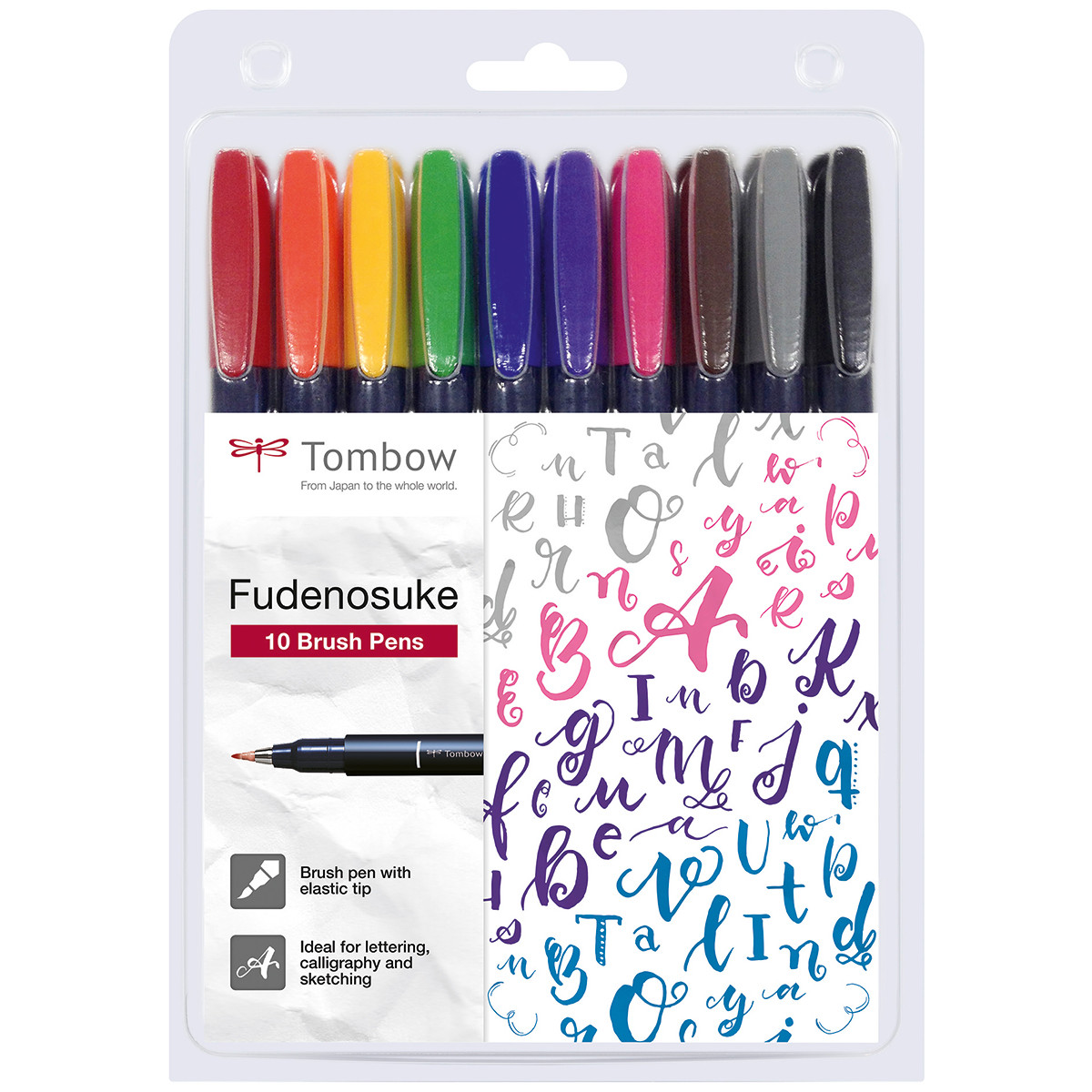 Tombow Fudenosuke Hard Tip Brush Pens - Assorted Colours (Pack of 10)