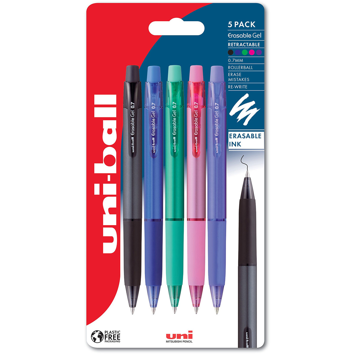 Uni-Ball URN-181-07 Eraseable Retractable Rollerball Pen - Assorted Colours (Pack of 5)