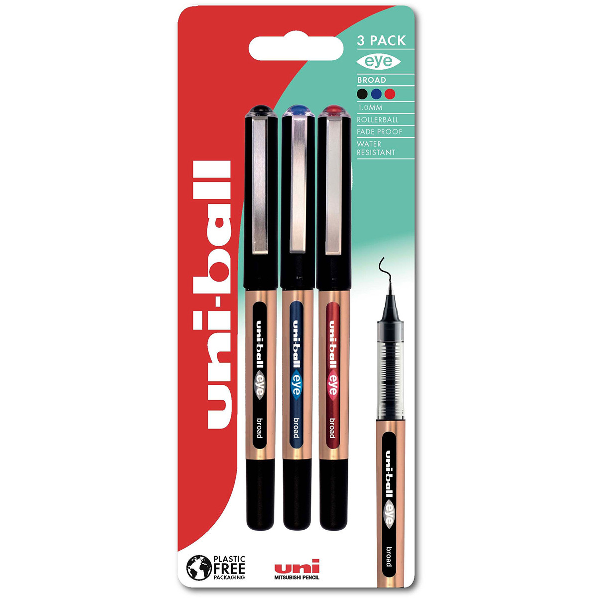 Uni-Ball UB-150-10 Eye Broad Rollerball Pens - Assorted Colours (Blister of 3)