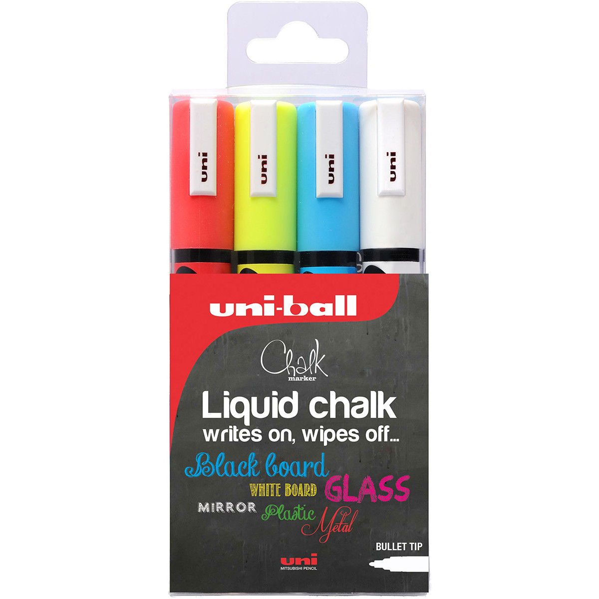 Uni-Ball PWE-5M ChalkGlass Markers - Bullet Tip - Assorted Colours (Pack of 4)