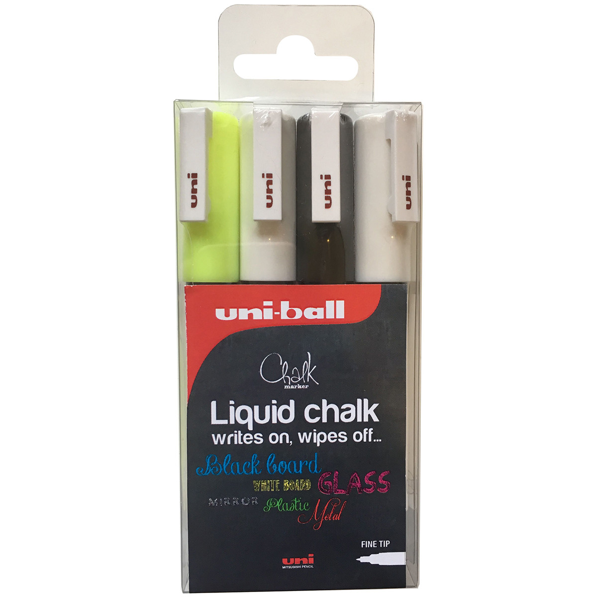Uni-Ball PWE-3MS ChalkGlass Markers - Bullet Tip - Assorted Colours (Pack of 4)