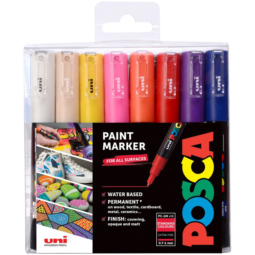 POSCA PC-1M Extra-Fine Bullet Tip Marker Pens - Assorted Colours (Pack of 16)