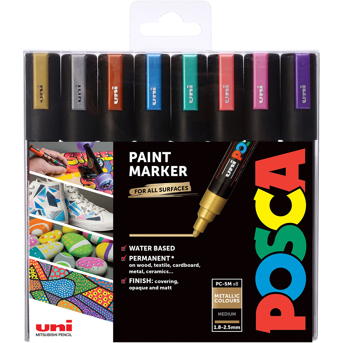 POSCA PC-5M Medium Bullet Tip Marker Pens - Metallic Colours (Pack of 8)