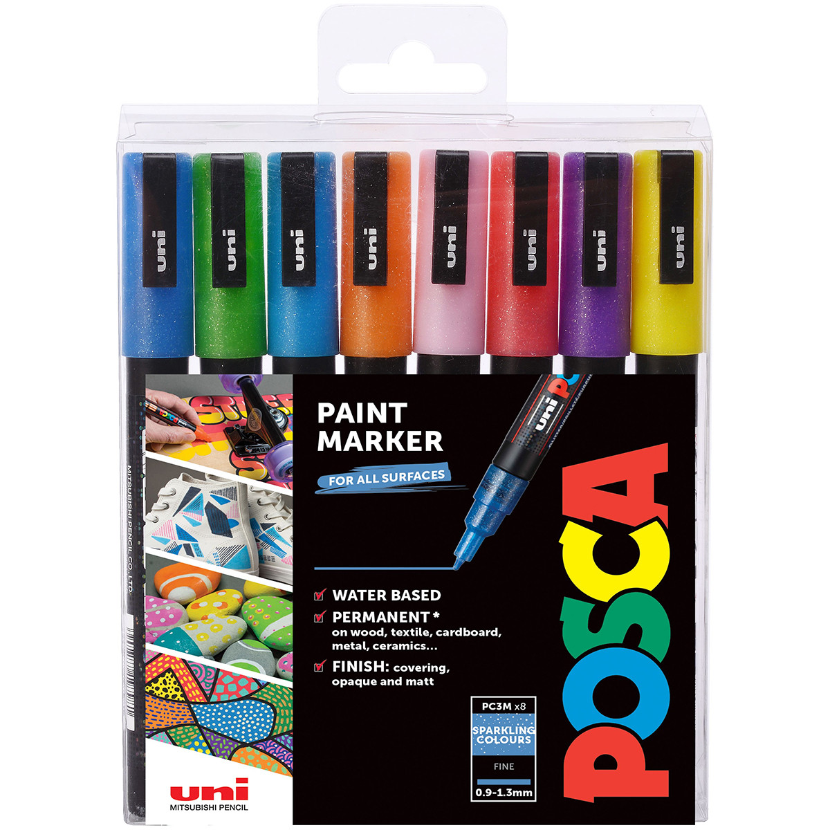 POSCA PC-3M Fine Bullet Tip Marker Pens - Sparkling Colours (Pack of 8)