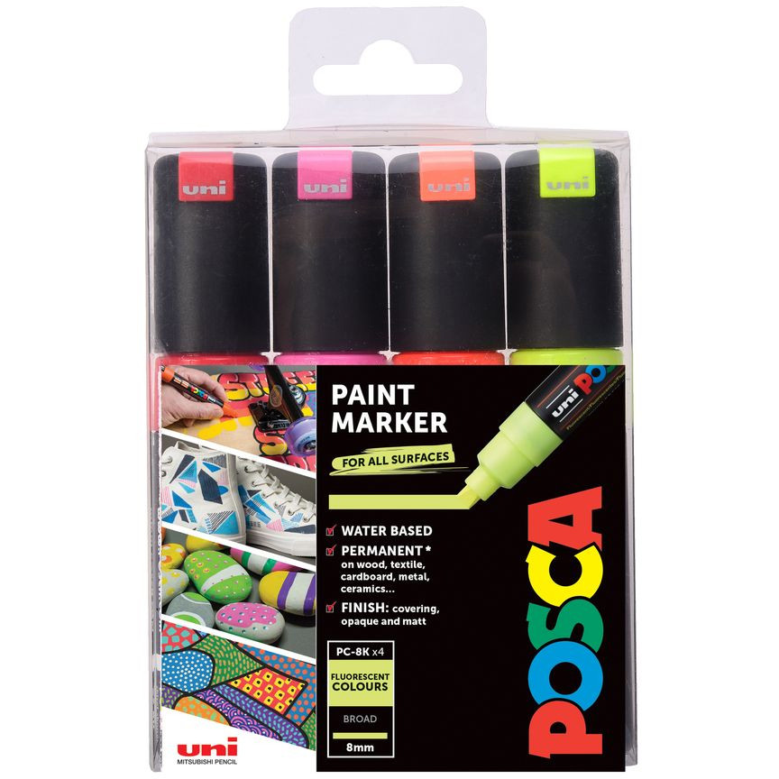 POSCA PC-8K Broad Chisel Tip Marker Pens - Fluorescent Colours (Pack of 4)