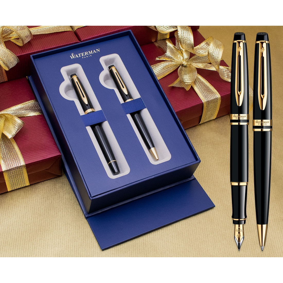 Waterman Expert Fountain & Ballpoint Pen Set - Black Gold Trim in Luxury Gift Box