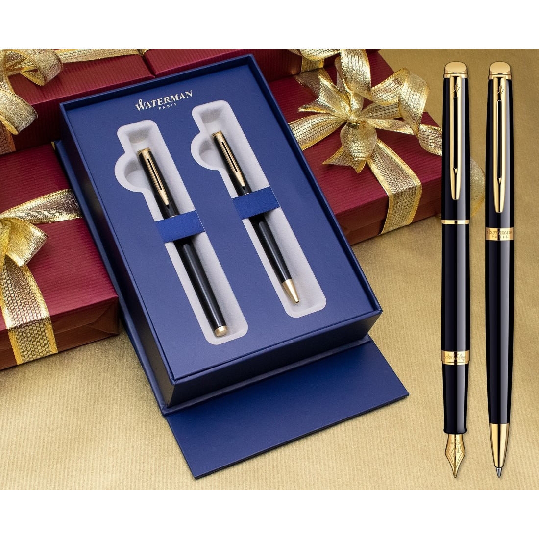 Waterman Hemisphere Fountain & Ballpoint Pen Set - Gloss Black Gold Trim in Luxury Gift Box