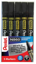 Pentel N860 Permanent Marker - Chisel Tip - Black (Wallet of 5)