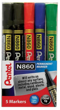 Pentel N860 Permanent Marker - Chisel Tip - Assorted Colours (Wallet of 5)