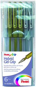 Pentel Hybrid Grip Gel Pens - Gold Silver & White (Wallet of 6)