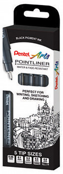 Pentel Pointliner Pigment Pens - Assorted Tip Sizes - Black (Pack of 5)