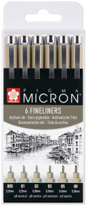 Sakura Pigma Micron Pen Set - Black - Assorted Tip Sizes (Pack of 6)