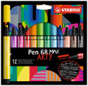 STABILO Pen 68 MAX Fibre Tip Pen - ARTY - Pack of 12 - Assorted Colours