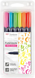 Tombow Fudenosuke Hard Tip Brush Pens - Assorted Colours (Pack of 6)