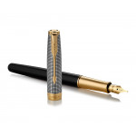 Parker Sonnet Fountain Pen - Chiselled Silver Black Lacquer Gold Trim with Solid 18K Gold Nib - Picture 2