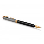 Parker Sonnet Slim Ballpoint Pen - Chiselled Silver Black Lacquer Gold Trim - Picture 1