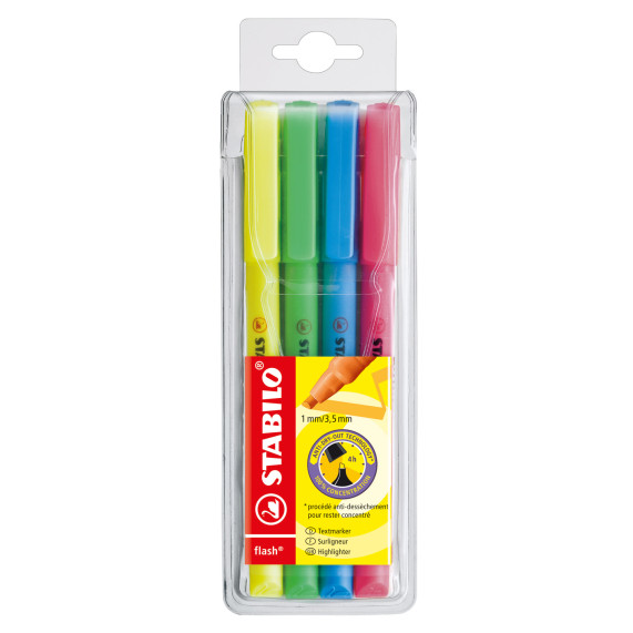 STABILO flash Highlighter - Wallet of 4 - Assorted Colours