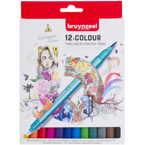 Bruynzeel Fineliner & Brush Pen Set - Assorted Colours - Pack of 12