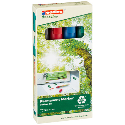 Edding 22 EcoLine Permanent Markers - Assorted Colours (Pack of 4)