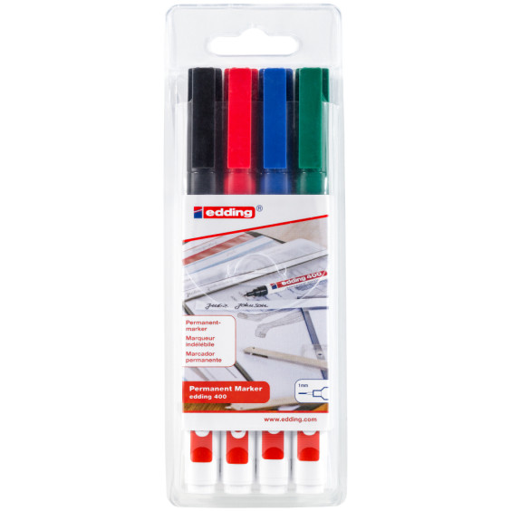 Edding 400 Permanent Markers - Assorted Colours (Wallet of 4)