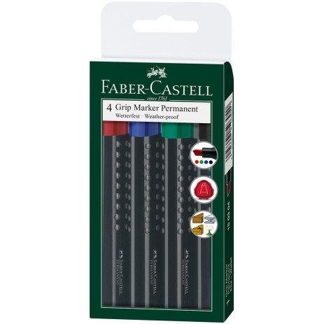 Faber-Castell Permanent Grip Marker - Chisel Tip - Assorted Colours (Wallet of 4)