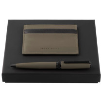 Hugo Boss Gear Ballpoint Pen Gift Set - Matrix Khaki with Card Holder