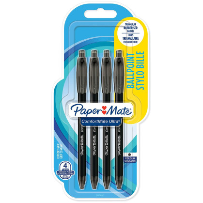 Papermate Comfortmate Ultra Retractable Ballpoint Pens - Black (Blister of 4)